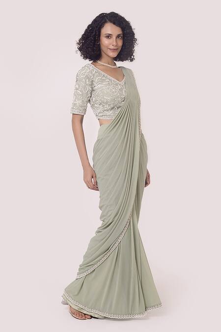 Buy_Onaya_Green Lycra Floral V Neck Pre-draped Lace Trim Saree With Work Blouse_Online_at_Aza_Fashions