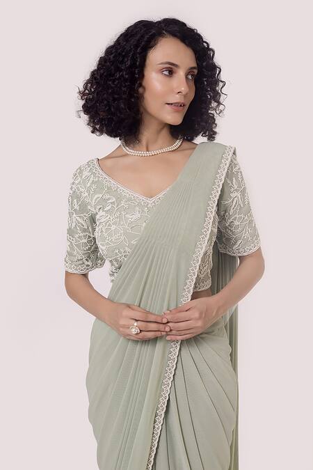 Shop_Onaya_Green Lycra Floral V Neck Pre-draped Lace Trim Saree With Work Blouse_Online_at_Aza_Fashions