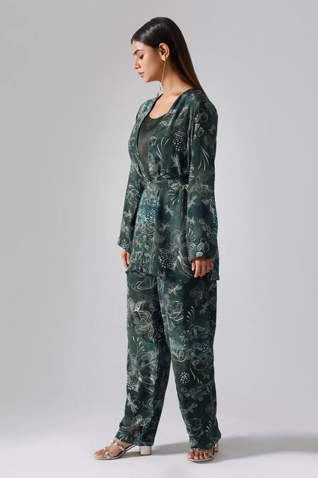 Klad_Green Crepe Printed Floral Jacket Open Pant Set_Online_at_Aza_Fashions