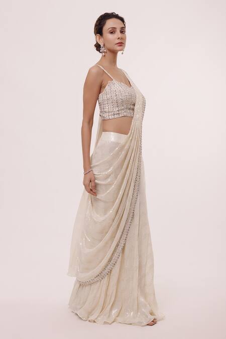 Onaya Off White Chickan Georgette Pre-stitched Chikankari Saree With Blouse Online at Aza Fashions Onaya_Off White Chickan Georgette Pre-stitched Chikankari Saree With Blouse_Online_at_Aza_Fashions