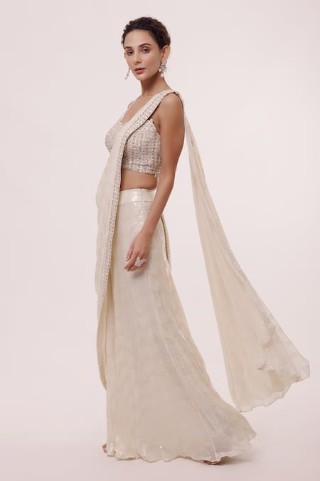 Buy Onaya Off White Chickan Georgette Pre-stitched Chikankari Saree With Blouse Online at Aza Fashions Buy_Onaya_Off White Chickan Georgette Pre-stitched Chikankari Saree With Blouse_Online_at_Aza_Fashions