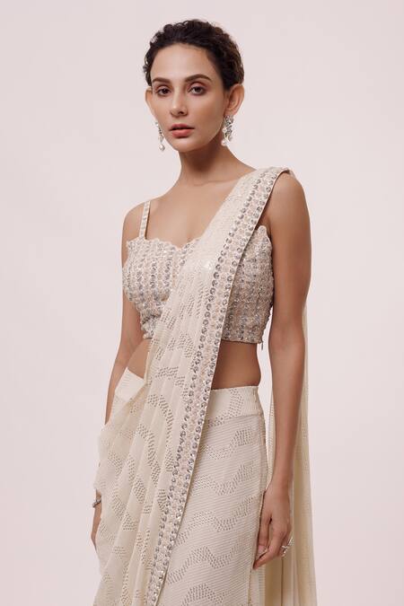 Shop Onaya Off White Chickan Georgette Pre-stitched Chikankari Saree With Blouse Online at Aza Fashions Shop_Onaya_Off White Chickan Georgette Pre-stitched Chikankari Saree With Blouse_Online_at_Aza_Fashions