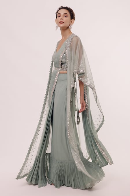 Onaya Blue Georgette Embellished Sequin V Neck Jacket And Pre-stitched Saree Set Online at Aza Fashions Onaya_Blue Georgette Embellished Sequin V Neck Jacket And Pre-stitched Saree Set _Online_at_Aza_Fashions