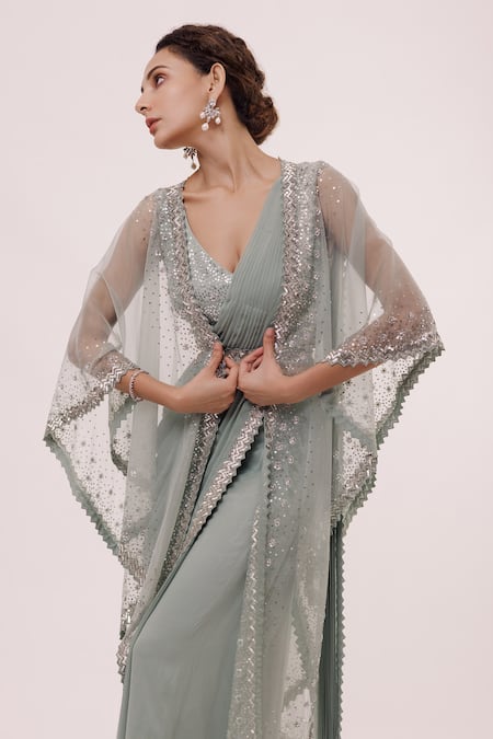 Buy Onaya Blue Georgette Embellished Sequin V Neck Jacket And Pre-stitched Saree Set Online at Aza Fashions Buy_Onaya_Blue Georgette Embellished Sequin V Neck Jacket And Pre-stitched Saree Set _Online_at_Aza_Fashions