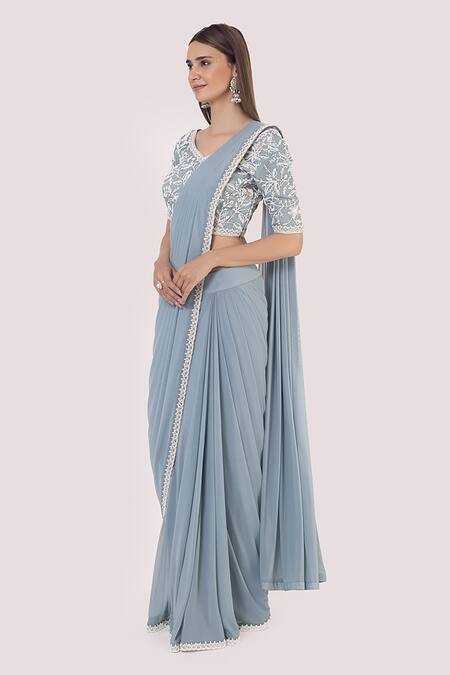 Onaya_Blue Lycra Floral V Neck Pleated Pre-draped Saree With Lace Blouse_Online_at_Aza_Fashions