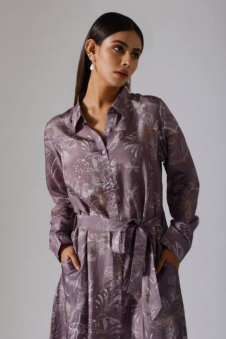 Klad_Pink Satin Printed Floral Shirt Collar Button-down Maxi Dress_Online_at_Aza_Fashions