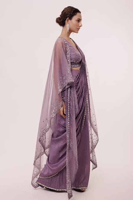 Onaya Purple Silk Embellished Sequin V Neck Jacket And Pre-stitched Saree Set Online at Aza Fashions Onaya_Purple Silk Embellished Sequin V Neck Jacket And Pre-stitched Saree Set _Online_at_Aza_Fashions