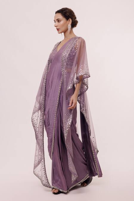 Buy Onaya Purple Silk Embellished Sequin V Neck Jacket And Pre-stitched Saree Set Online at Aza Fashions Buy_Onaya_Purple Silk Embellished Sequin V Neck Jacket And Pre-stitched Saree Set _Online_at_Aza_Fashions