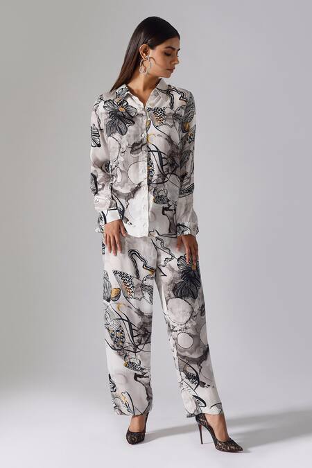 Klad_Black Satin Printed Floral Collared Neck Shirt_Online_at_Aza_Fashions