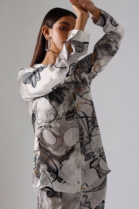 Buy_Klad_Black Satin Printed Floral Collared Neck Shirt_Online_at_Aza_Fashions