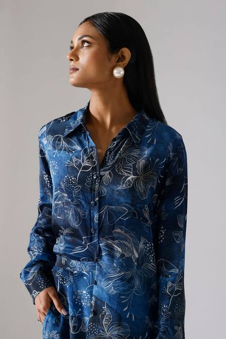Buy_Klad_Blue Crepe Printed Floral Collared Neck Pattern Shirt_Online_at_Aza_Fashions