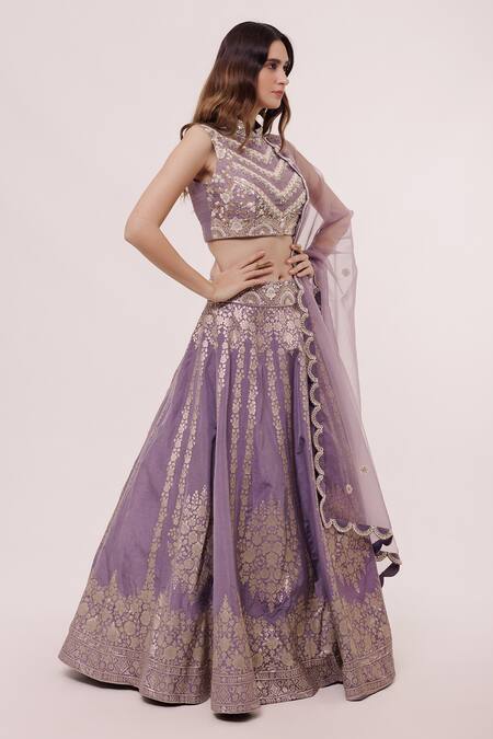 Buy_Onaya_Purple Embroidered Blouse Lehenga Set _Online_at_Aza_Fashions