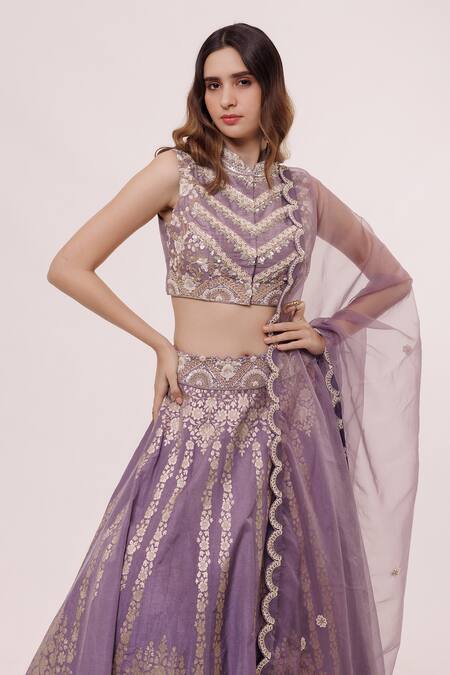 Shop_Onaya_Purple Embroidered Blouse Lehenga Set _Online_at_Aza_Fashions