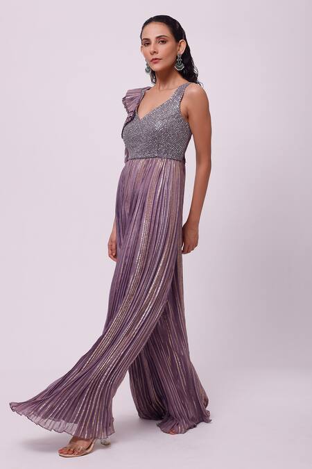 Onaya_Purple Organza Sequin V Neck Bodice Embroidered Jumpsuit_Online_at_Aza_Fashions
