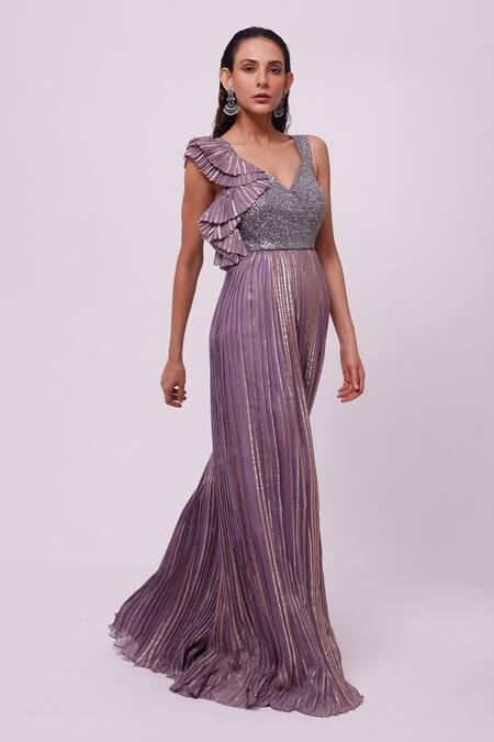 Buy_Onaya_Purple Organza Sequin V Neck Bodice Embroidered Jumpsuit_Online_at_Aza_Fashions