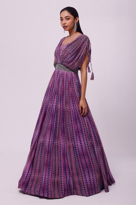Buy_Onaya_Purple Embroidery Bead V Neck Geometric Pleated Gown_Online_at_Aza_Fashions