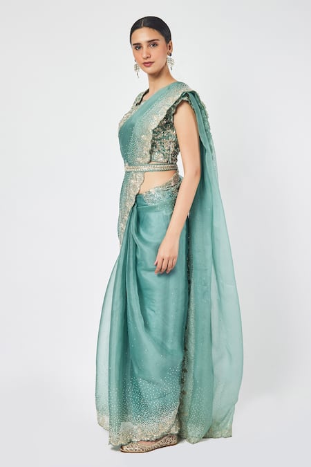 Onaya Green Organza Sequin And Cut Dana Work V Neck Embroidered Saree With Blouse Online at Aza Fashions Onaya_Green Organza Sequin And Cut Dana Work V Neck Embroidered Saree With Blouse _Online_at_Aza_Fashions