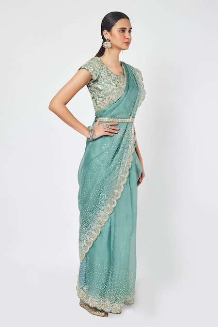 Buy Onaya Green Organza Sequin And Cut Dana Work V Neck Embroidered Saree With Blouse Online at Aza Fashions Buy_Onaya_Green Organza Sequin And Cut Dana Work V Neck Embroidered Saree With Blouse _Online_at_Aza_Fashions
