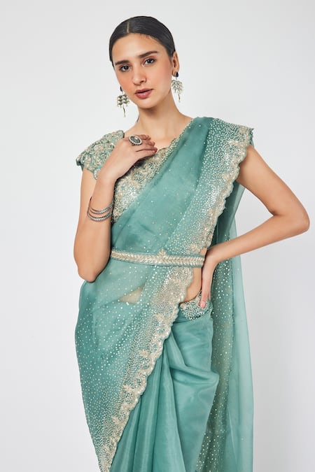 Shop Onaya Green Organza Sequin And Cut Dana Work V Neck Embroidered Saree With Blouse Online at Aza Fashions Shop_Onaya_Green Organza Sequin And Cut Dana Work V Neck Embroidered Saree With Blouse _Online_at_Aza_Fashions