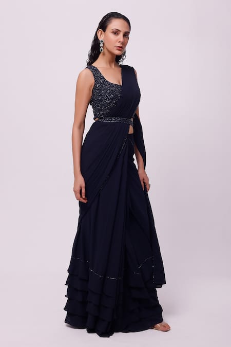 Onaya_Blue Georgette Embellished Sequins Blouse With Ruffle Trim Pre-draped Saree _Online_at_Aza_Fashions