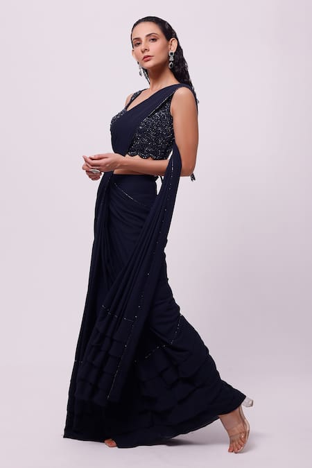 Buy_Onaya_Blue Georgette Embellished Sequins Blouse With Ruffle Trim Pre-draped Saree _Online_at_Aza_Fashions