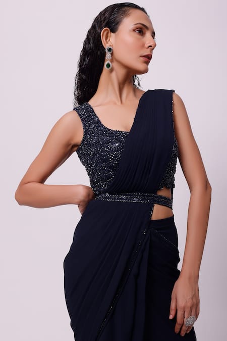 Shop_Onaya_Blue Georgette Embellished Sequins Blouse With Ruffle Trim Pre-draped Saree _Online_at_Aza_Fashions