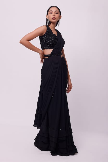 Onaya_Black Georgette Sequins V Neck Embellished Blouse And Ruffle Pre-draped Saree Set _Online_at_Aza_Fashions