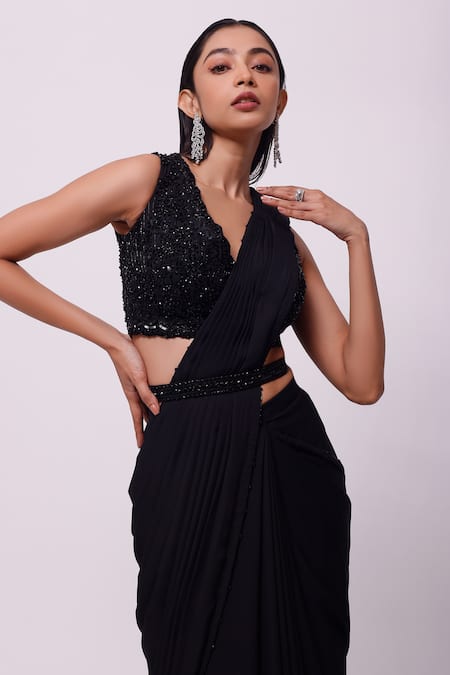 Buy_Onaya_Black Georgette Sequins V Neck Embellished Blouse And Ruffle Pre-draped Saree Set _Online_at_Aza_Fashions