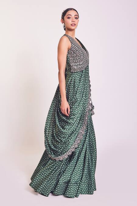 Onaya_Green Satin Geometric Print Saree Gown_Online_at_Aza_Fashions