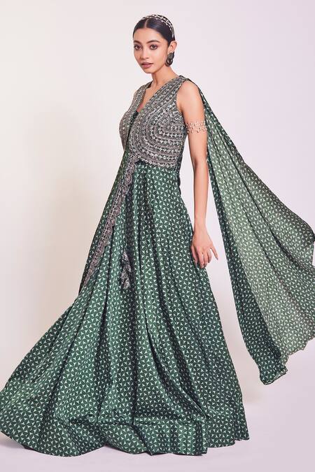 Buy_Onaya_Green Satin Geometric Print Saree Gown_Online_at_Aza_Fashions