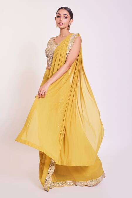 Buy_Onaya_Yellow Lycra Mirror And Cutdana Leaf Neck Embroidered Pre-draped Saree With Blouse_Online_at_Aza_Fashions