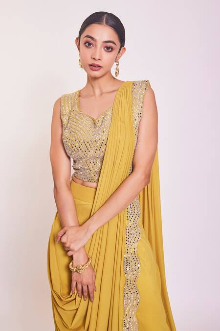 Shop_Onaya_Yellow Lycra Mirror And Cutdana Leaf Neck Embroidered Pre-draped Saree With Blouse_Online_at_Aza_Fashions
