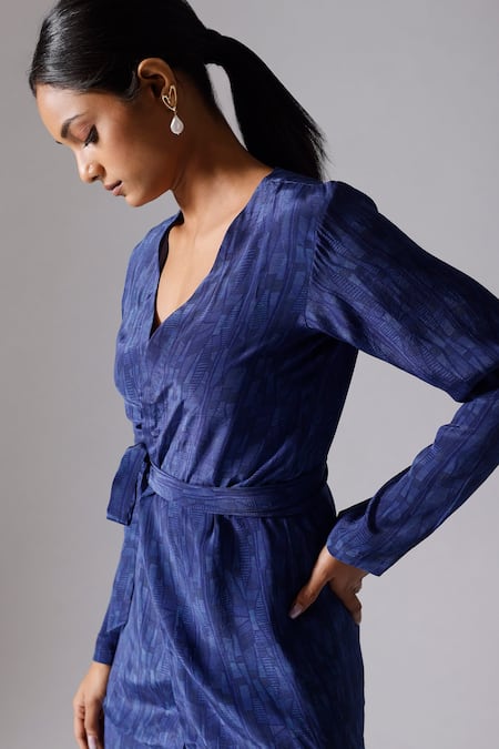KLAD_Blue Printed Abstract Round Jacket Pant Set_at_Aza_Fashions