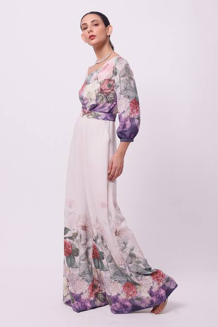 Onaya_Off White Royal Georgette Floral Asymmetric Print Jumpsuit With Belt_Online_at_Aza_Fashions