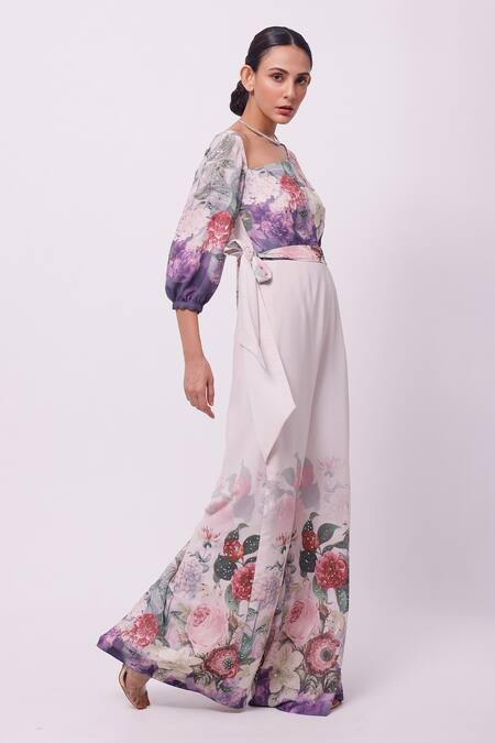 Buy_Onaya_Off White Royal Georgette Floral Asymmetric Print Jumpsuit With Belt_Online_at_Aza_Fashions