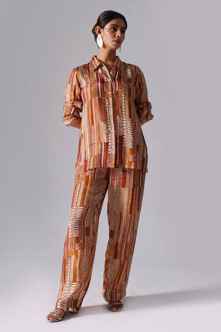 Klad_Brown Satin Collared Abstract Print Shirt_Online_at_Aza_Fashions