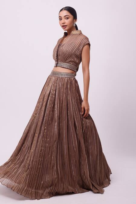 Onaya_Brown Organza Embroidery Aari Mandarin Stripe Pattern Jacket And Lehenga Set_Online_at_Aza_Fashions