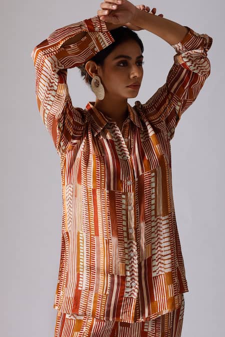 Buy_Klad_Brown Satin Collared Abstract Print Shirt_Online_at_Aza_Fashions