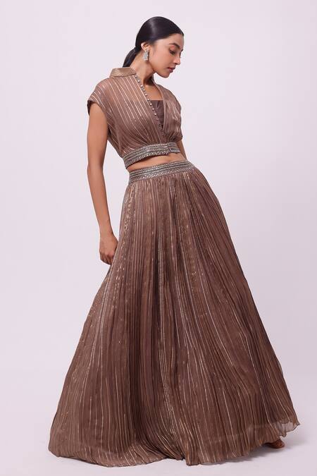Buy_Onaya_Brown Organza Embroidery Aari Mandarin Stripe Pattern Jacket And Lehenga Set_Online_at_Aza_Fashions