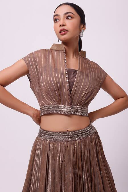 Shop_Onaya_Brown Organza Embroidery Aari Mandarin Stripe Pattern Jacket And Lehenga Set_Online_at_Aza_Fashions