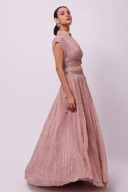 Onaya_Pink Organza Embroidery Aari Mandarin Collar Cropped Jacket And Lehenga Set_Online_at_Aza_Fashions