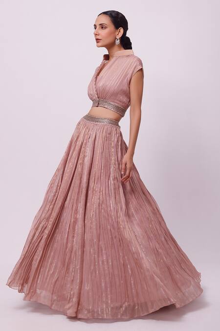 Buy_Onaya_Pink Organza Embroidery Aari Mandarin Collar Cropped Jacket And Lehenga Set_Online_at_Aza_Fashions