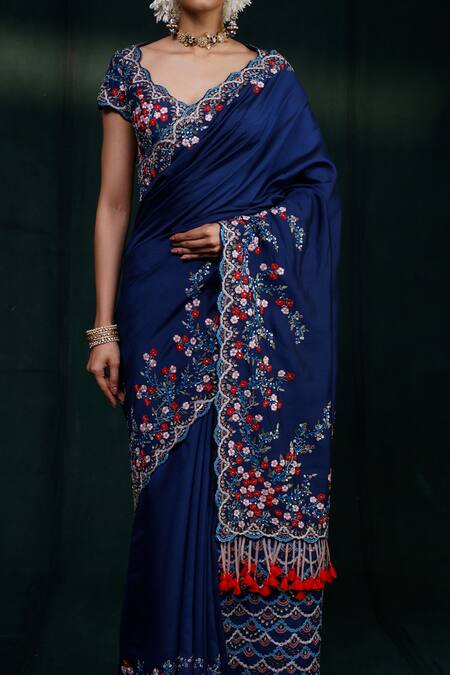 Shop_Rishi And Soujit_Blue Saree Tussar And Blouse Raw Floral & Scallop With _Online_at_Aza_Fashions