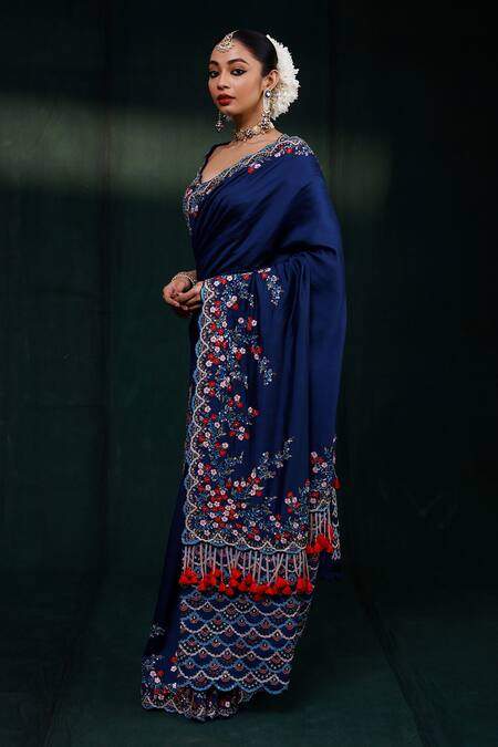 Rishi And Soujit_Blue Saree Tussar And Blouse Raw Floral & Scallop With _Online_at_Aza_Fashions