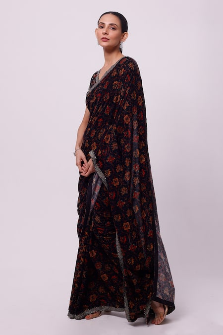 Onaya_Multi Color Velvet Micro Sequin, Cut Dana And Bead Work, Saree With Blouse _Online_at_Aza_Fashions