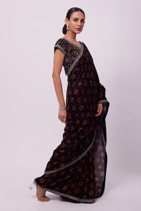 Buy_Onaya_Multi Color Velvet Micro Sequin, Cut Dana And Bead Work, Saree With Blouse _Online_at_Aza_Fashions