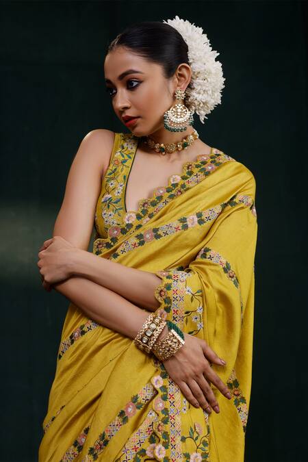 Buy_Rishi And Soujit_Yellow Saree Tussar Silk And Blouse Linear Floral With Sleeveless _Online_at_Aza_Fashions