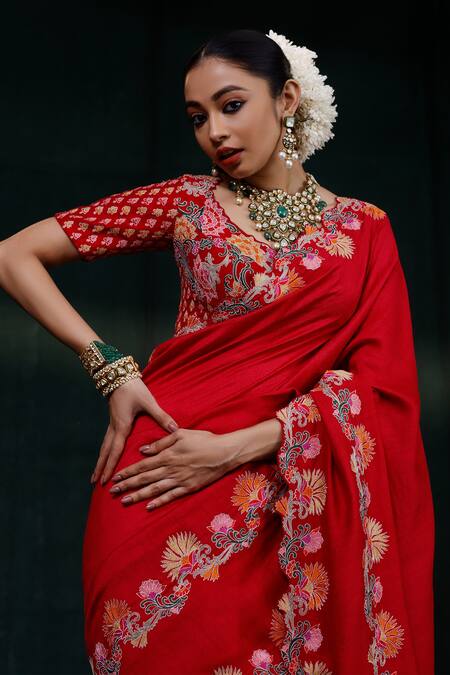 Buy_Rishi And Soujit_Red Saree Tussar And Blouse Raw Linear Floral With _Online_at_Aza_Fashions