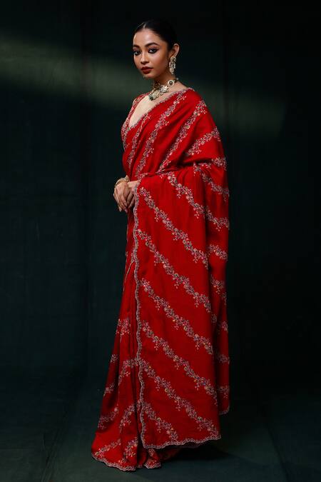 Rishi And Soujit_Red Saree Tussar And Blouse Raw Embroidery Floral With _Online_at_Aza_Fashions