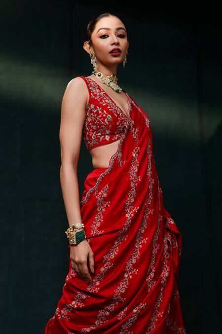 Buy_Rishi And Soujit_Red Saree Tussar And Blouse Raw Embroidery Floral With _Online_at_Aza_Fashions